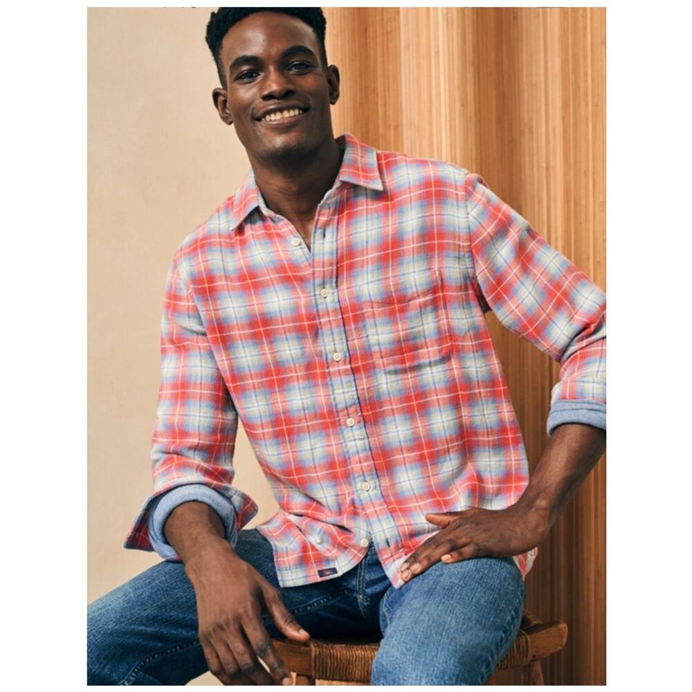 Faherty Coral and Light Blue Plaid Long-Sleeve Button-Up